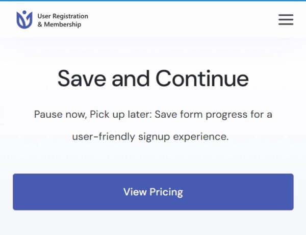 User Registration Save and Continue